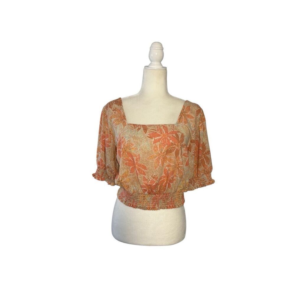 Roxy orange and tan floral cropped blouse with blouson sleeves - XL